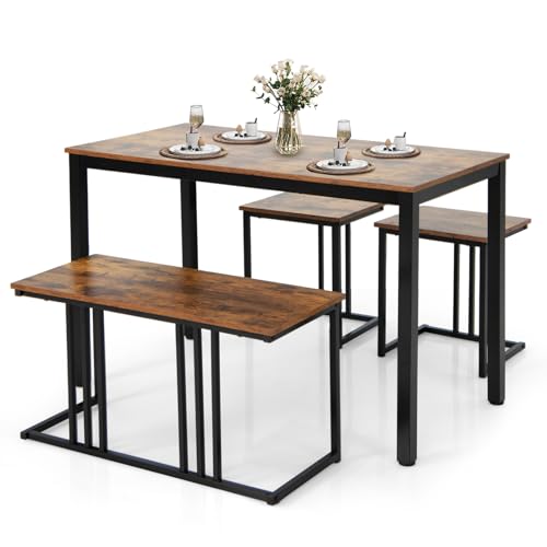 HOMASIS Juego de mesa de comedor de 4 piezas con banco y 2 sillas, juego de mesa de cocina con marco de hierro, conjunto de comedor para comedor, cocina, salón, diseño industrial, 120 x 60 x 74,5 cm,