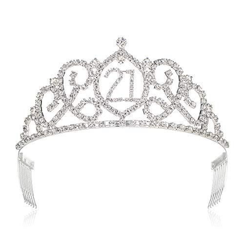 BROSWJUN 21th Birthday Tiaras Crowns Women 21th Birthday Queen Crowns Tiaras Adult Princess Girls 21th Birthday Queen Tiaras Crowns Silver
