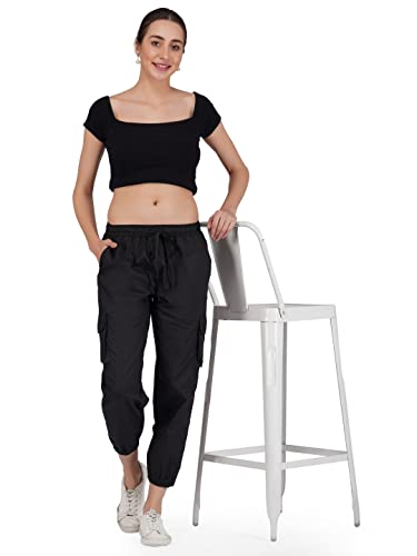 Image of fabcoast Multi-Pocket Cargo Cotton Poplin Jogger Pants for Women Summer Wear Full Elastic with Drawstring and 2 Side Pockets, 2 Back Pockets and 2 Leg Pockets