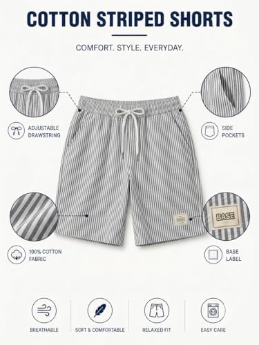 Image of Men's Cotton Casual Shorts |Striped Half Pants for Men |Comfortable | Elastic Waist with Drawstring | Lightweight & Comfortable for Beach Vacations, Casual Daily Outings & Sleepwear Bermuda Shorts