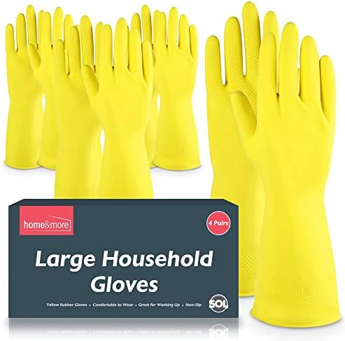 4 Pairs SOL Household Rubber Gloves Large | Yellow Large Gloves | Washing Up Gloves Large | Non Slip Cleaning Gloves | Bathroom and Kitchen Gloves | Dishwashing Gloves | Heavy Duty Rubber Gloves