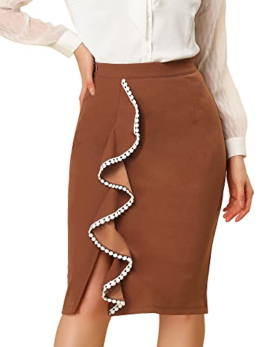 Allegra K Women's Pencil Skirt High Waist Ruffle Trim Split Work Office Skirts