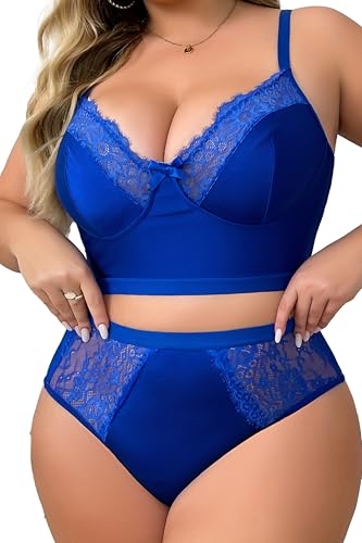 Womens Plus Size 2 Piece Lingerie Set Floral Sexy Mesh Sheer V Neck 3/4 Cup Lace Outfits2