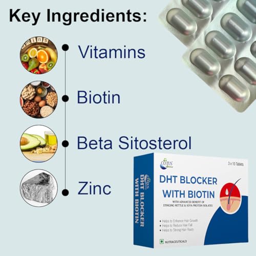 Image of DHT Blocker with Biotin (30 Tablets) | Stinging Nettle and Soya Protein | Helps Reduce Hair Fall, Helps To Stimulates Hair Growth, Nail & Glowing Skin