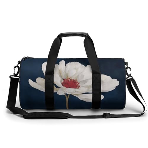 Large Single White Flower Travel Gym Bag for Women Men Cylindrical Duffle Bag Sport Workout Bag with Shoulder Strap