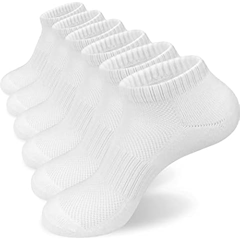 KOOOGEAR Trainer Socks Womens 4-7, Ladies White Ankle Socks Running Sports Socks Anti Blister Cushioned Walking Hiking Socks 6 Pairs Colourful Black Low Cut Cotton Athletic Socks Cover