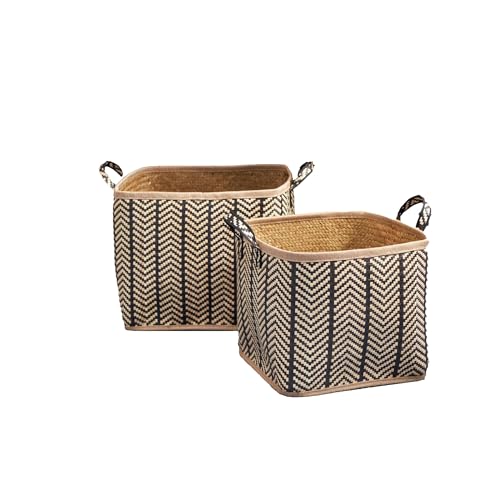 Isidore Square Palm Leaf Woven Wicker Storage Basket with Handles Set of 2-14\" x 14\" x 15\" and 16\" x 16\" x 17\" - Black and Brown