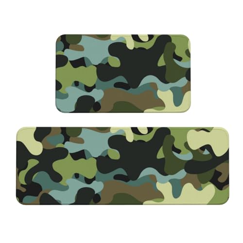 GVYGVY Antifatigue Kitchen Mats for Floor 2 Piece - Black Green Camo Print Kitchen Rugs Washable, Non Slip Runner Rug Standing Mat for Office/Bathroom/Laundry/Home Decor and Accessories