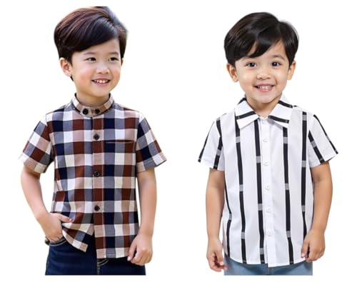 Image of Boys Short Sleeve Button Down Shirts, Plaid and Striped Pattern, Cotton Casual Tops, Pack of 2