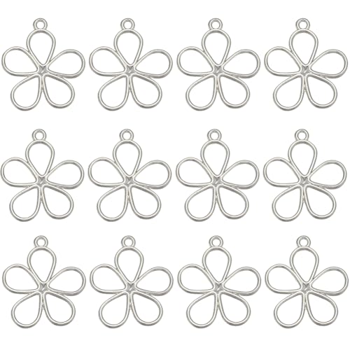SUNNYCLUE 1 caja de 50 piezas de Dijes de Flores Huecas, Dijes Florales de Plata, Aleación Vintage, Mini Flor de Primavera, Marco Abierto, Bisel Trasero, Amuleto de Resina UV A Granel para Hacer Joyas