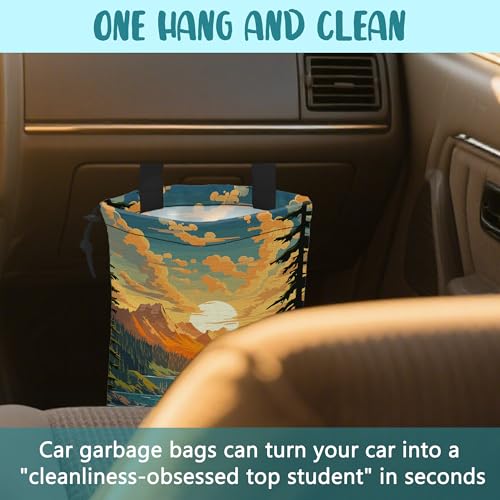 Image of Car Garbage Bag Mountain Lake and Sunrise Drawstring Car Trash Bag Hanging for Back Seat with Adjustable Buckle Canvas Vehicle Trash Can Easy-to-Install