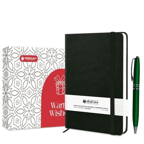Image of Jhingalala A5 Leather Cover Hardbound Undated Journal Notebook with Pen Combo Gift | 80 GSM Premium Non-Bleeding Paper | Diary with Pen | Ideal Corporate, Diwali & New Year Gift (Green)