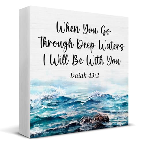 HOIJAUMAI Ocean Room Decor, Beach Decor, Bible Verse Desk Accessories, Inspirational When You Go Through Deep Waters I Will Be with You Isaiah 43:2 Religious Wood Sign Decoration for Home Beach House