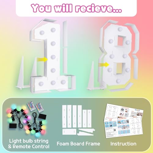 Image of Imprsv Colorful 4FT Marquee Numbers Light up Numbers 18 Birthday Decoration | RGB with Remote, Party Decorations Anniversary Wedding Decorations Assembly Required Foam Board 42 Pcs Accessory Set