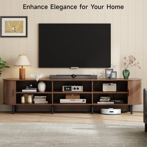 Image of ONBRILL 94.5 inch TV Stand with Power Outlet for TVs up to 102 Inch, Entertainment Center with Storage and Adjustable Shelves, Modern Media Console with Sliding Doors for Living Room, Walnut