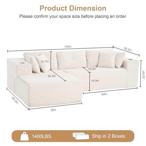 Image of Modular Sectional Sofa, 105 inch L Shaped Comfy Cloud Couch with Deep Seat, Boneless Couch for Living Room, Corduroy Modular Sofa with Chaise and Cup Holders, No Assembly Required, Beige