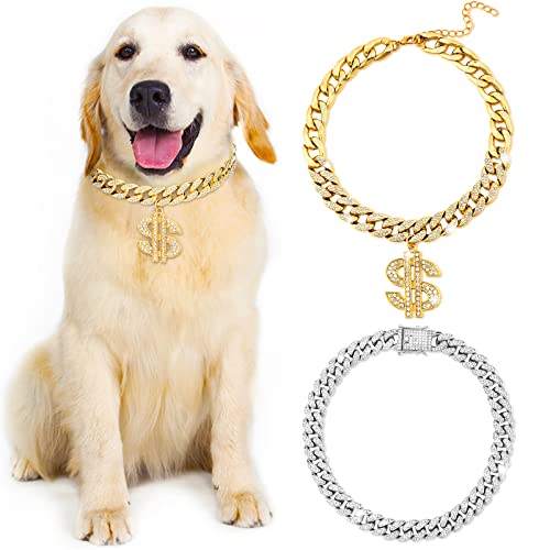 The Cuban Link Dog Collar 7 2 Pieces Diamond Dog Chain Collars Gold Silver Glitter Cuban ...