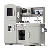 KIDOZ Wooden Toy Kitchen, Large Pretend Play Kitchen With Realistic Oven, Microwave and Sink With Taps, Kitchen Playset with Sounds and Lights For Kids (New Grey (Kitchen with Utensils)