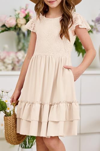 HOSIKA Girls Lace Flower Boho Ruffle Sleeve A-Line Tiered Summer Dress for Wedding Party with Pockets4