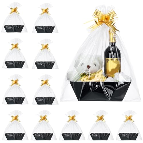 Image of Thenshop 44 Pcs Basket for Gifts Empty Gift Basket Bulk Include 12 Cardboard Tray 12 Plastic Bags and 20 Pull Bows for Christmas Fall Halloween Birthday Wedding Party DIY Wrapping(Solid,Black)