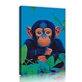 かわいい小さな猿のキャンバスウォールアートブルーの水彩画の背景ポスターとプリント緑の葉のキャンバスの壁の写真寝室のリビングルーム85x120cmインナーフレーム