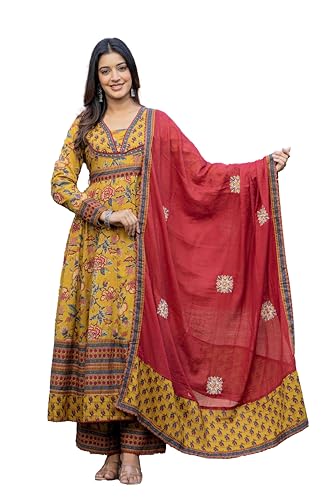 Image of Pistaa's Women's Pure Cotton Anarkali Floral Printed Kurta with Palazzo & Dupatta Set