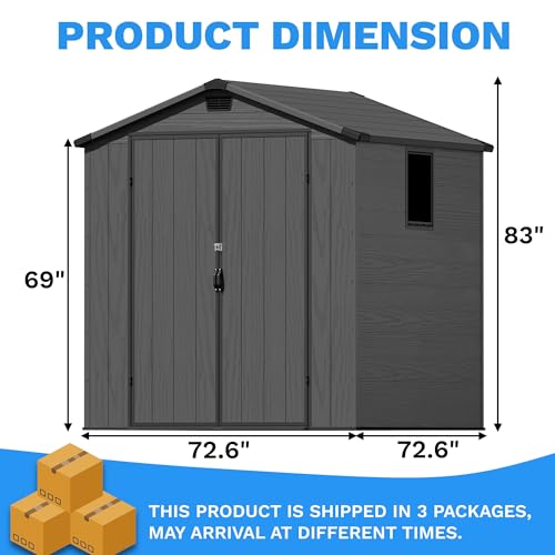 Image of Greesum 6x6FT Plastic Outdoor Storage Shed with Floor, Dark Gray | Resin Sheds with Lockable Double Doors, All-Weather Tool Sheds with Window & Multiple Vents for Garden, Yard, Patio
