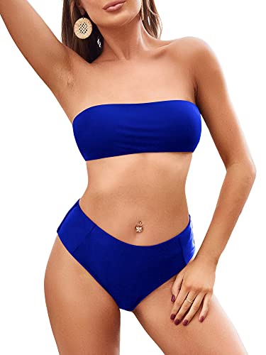 Image of ZAFUL Women's High Cut Bandeau Bikini Set Strapless Solid Color 2 Pieces Bathing Suit Swimsuit