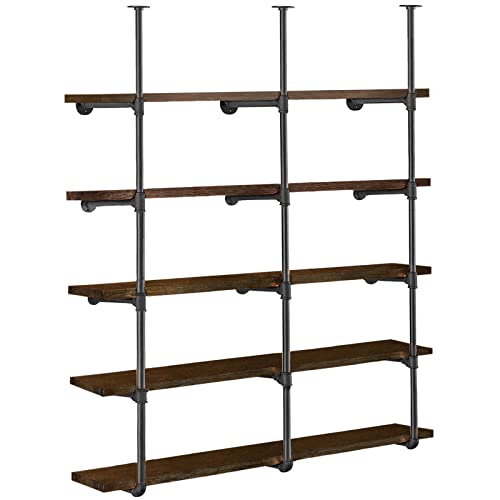 HITOMEN Industrial Iron Pipe Shelves, 3 Set 5-Tier 70.5″ Tall 12″ Depth, DIY Open Bookshelf Bookcase, Wall Mounted Vintage Retro Shelving, Rustic Farmhouse Pantry Kitchen Storage, Black Shelf Brackets