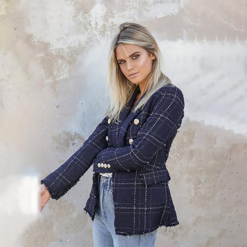 2024 Fall Women's Tweed Blazer, Stylish and Casual, Double Breasted Front Open Plaid Blazer Workwear2