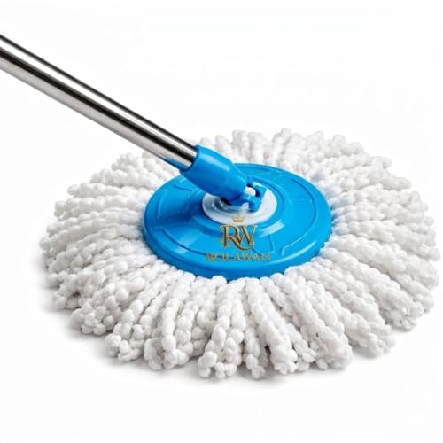 Image of 360 Degree Spin Mop with Extendable Handle, Microfiber Floor Cleaning System, Blue and White, Adjustable Rod with Refill Head