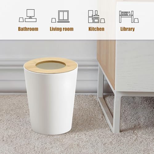 Image of White Trash Can for Bedroom with Bamboo Lid, 2.4 Gallon Open Top Trash Can 2 Pack, Modern Aesthetic Garbage Can for Room Office Living Room, Small Bathroom Trash Bin Boho Style