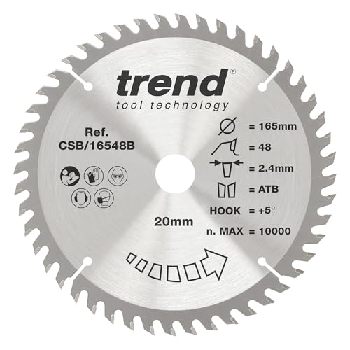 Trend Wood Circular Saw Blade, 165mm Diameter, 20mm Bore, 48 Teeth, 2.4mm Kerf, +5° Hook, TCT, Fine Finish, CSB/16548B