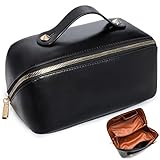 Katadem Travel Makeup Bag,Large Opening Makeup Bag,Portable Makeup Bag Opens Flat for Easy Access, Toiletry Bag,PU Leather Makeup Bag,Large Cosmetic Organizer for Women (Black)