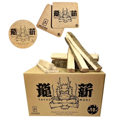 龍薪 （たつまき） 約 10kg 薪 広葉樹 ミックス 長さ 約 30cm 小割 中割 ＆ 焚付 用 針葉樹 セット 100サイズ ミニ鍋敷きコースター 1枚 プレゼント 国産 乾燥 焚き火 たき火 薪ストーブ キャンプ ソロキャンプ