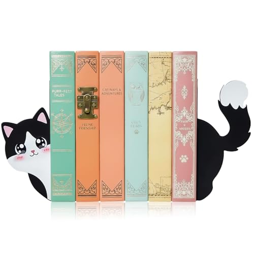 Cats Metal Bookends Cute Book Ends Antiskid Decorative Bookends for Shelves Office School Library Bedroom(Black and White)
