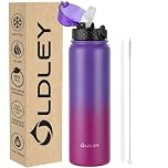 OLDLEY Stainless Steel Water Bottle with Straw 1L Vaccum Insulated Large Drink Flask Metal Water Bottles 1 Litre Leakproof Keeps Hot Cold for Sports Gym Camping Adult Women Men(Purple Rose, 1 Lid)