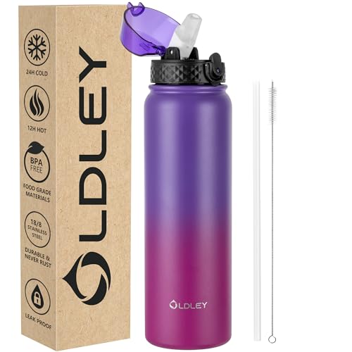 OLDLEY Bouteille d'eau en Acier Inoxydable avec Paille 1L Isotherme Sous Vide Grande gourde en Métal Étanche Garder les Boissons au Chaud et au Froid pour Vélo Camping Sports Gym Adulte Femme Homme
