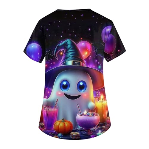 OIOLOYJM Halloween Christmas Scrub Tops Women Printed V Neck Short Sleeve Plus Size Scrubs for Womens Shirts with Pockets