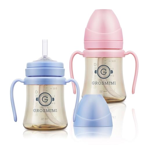 GROSMIMI Spill Proof Magic Sippy Cup with Straw with Handle for Baby and Toddlers, PPSU, BPA Free 6 oz. 2-pack (Pink & Sky Blue)