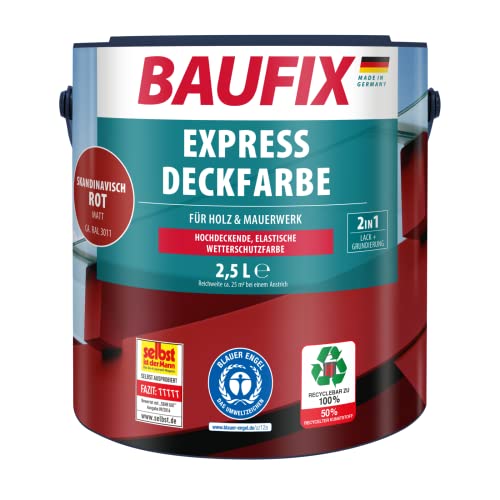 BAUFIX Express Deckfarbe skandinavisch rot, matt, 2.5 Liter, Wetterschutzfarbe, Holzfarbe, langlebig, geeignet für Holz/Putz/Mauerwerk/Möbel/Zäune