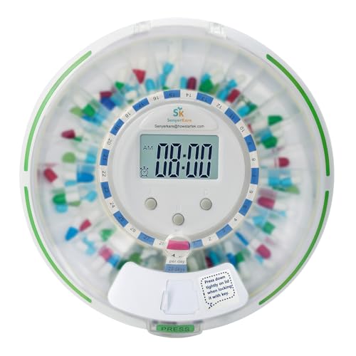 SenyerKare Automatic Pill Dispenser with Alarm, Flashing Light and Sound, 28 Day Pill Dispenser Machine for Elderly, Frosted Lid with Safety Lock, Medication Dispenser Improving Your Pills Privacy