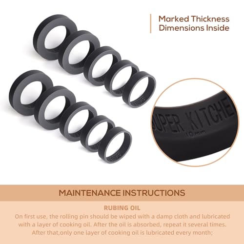 Folksy Super Kitchen WD1002 Adjustable Wood Rolling Pin With Thickness Rings For Baking -Non Stick Wooden Dough Roller Pin With Spacer Bands For Cookie,Pie Crust thumb #2