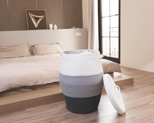 Image of Storage Cotton Rope Basket and Laundry Hamper for Dirty Clothes, Towels, Blankets, Pillows Storage in Living Room, Laundry Room and Bedroom (White Grey & Dark Grey With Lid, 14x18 Inch)