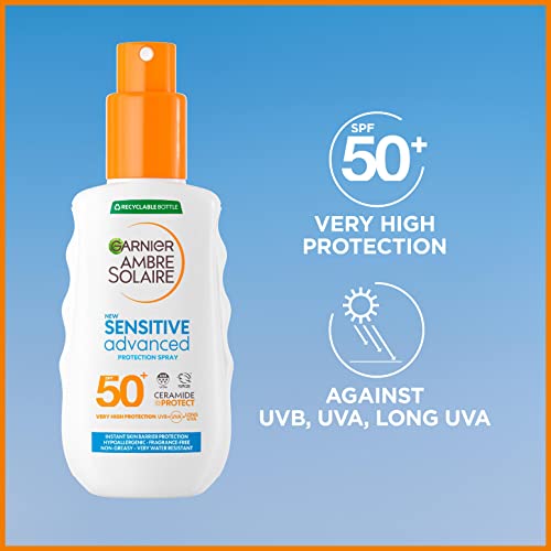Garnier Ambre Solaire zaawansowany czuły krem przeciwsłoneczny SPF 50+, współczynnik 50, ochrona przed słońcem, odporna na wodę i tłuszcz, bezzapachowa, ochrona UVA i UVB, zatwierdzony przez Internate