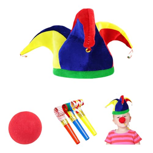 VYNZOR Sombrero Triangular de Payaso con Nariz de Esponja y 2 Silbatos de Viento - Accesorios Completos para Disfraz de Payaso - Ideal para Carnaval, Fiestas Infantiles y Obras de Teatro