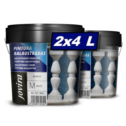 JOVIRA PINTURAS Pinturas Balustradas, acabado Mate al Agua. Especial para Recubrimientos de Balaustradas y Celosías de Yeso y Hormigón. (2x4 Litros, Blanco)