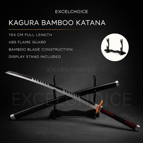 Image of EXCELCHOICE Demon Slayer Fire God Kamado Tanjiro Katana /Sword Toy 104cm Life Size - Bamboo Wood Tanjiro Kamadoo Anime Katana Rengoku X Tanjiro Silver Blade 2024 (Double Layer Stand Included)
