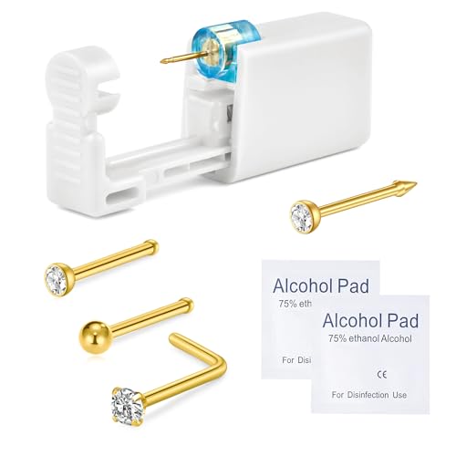 WillTen 6Pcs Nose Piercing Kit with Gold Nose Stud 1Pack Nose Piercing Gun Disposable Nose Piercing Kit with Straight L-Shape Nose Rings Stud White CZ Nose Piercings Gun Kit Tool