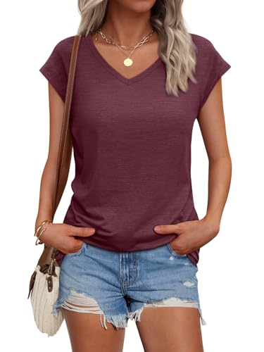 AUTOMET V Neck T Shirts for Women Spring Summer Fall Tops Teacher Work Business Dressy Casual Blouses Basic Tees Boho Fashion Wine Red L